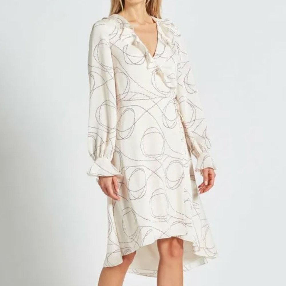 NEW Joie Lynley Creamy Aged White Long Sleeve Ruffle Neck Wrap Midi Dress Sz S